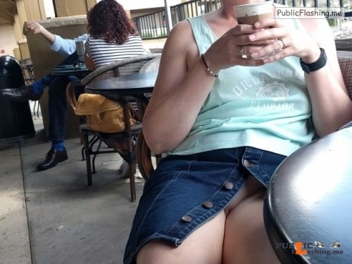 Exposed in public just my wife and nothing else: Sitting by the door of a coffee... Public Flashing