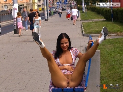 Bare pussy legs high up and big smile while flashing in public street Public Flashing