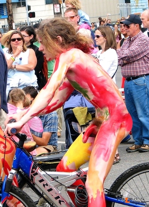 Public nudity photo walkingandswinging: Colorful public CFNM with a mixed... Public Flashing