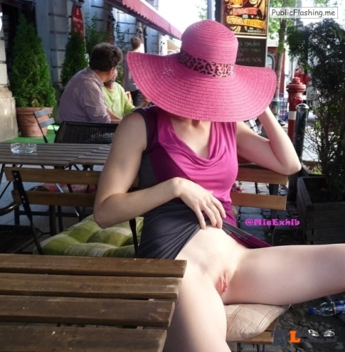 No panties miaexhib: Upskirt at the cafe pantiesless Public Flashing