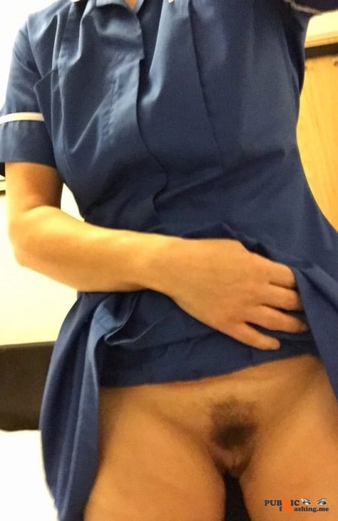 No panties amateur naughtiness: Quick flash from a horny nurse. pantiesless Public Flashing