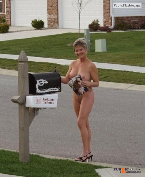 Public flashing photo carelessinpublic:Fully nude milf collecting letters from her... Public Flashing