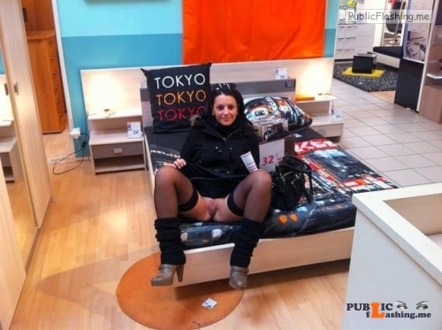 Public flashing photo pantyless upskirt love:Commando bed shopping Public Flashing