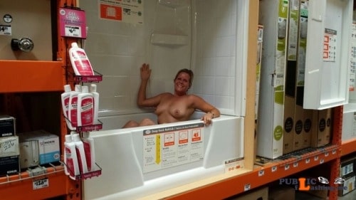 Public exhibitionists happyembarrassedbabes: Naked in a retail store bathtub display... Public Flashing