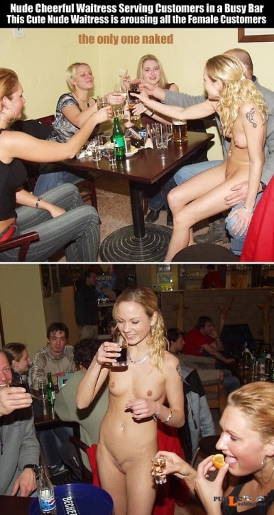 Public nudity photo cfnf clothed female naked female: Nude Cheerful Waitress Serving... Public Flashing