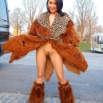 Asian model in brown coat pussy public nudity
