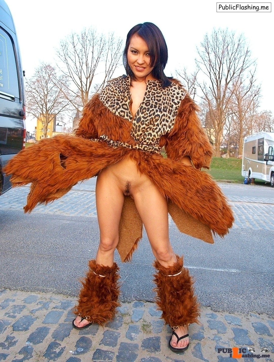 no underwer asian - Asian model in brown coat pussy public nudity Beautiful Asian model is posing to the camera dressed just in some brown fur coat and fluffy leg warmers, wearing nothing under and flashing her nice trimmed pussy on a public car... - Asian