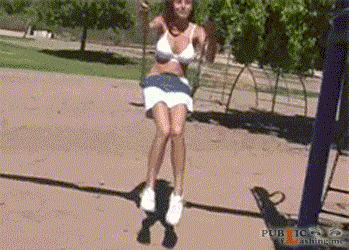 Upskirt GIFs Upskirt Teen GIFs Teen Pussy GIFs Pussy Public Flashing GIFs No panties GIFs No panties Amateur GIFs Amateur : Teenage brunette is having fun on a swing. She is wearing white top and short white mini skirt but, the most interesting, she isn’t wearing panties and not trying to hide that at all. Every time she swings forward she spreads...