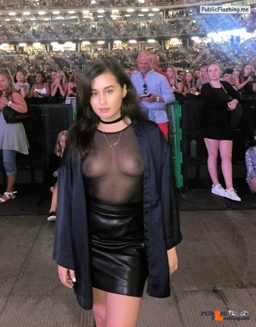 Amateur: Braless see trough black top in public Dark haired braless teen is wearing see trough black top in public so her cute boobies and brown nipples are exposed almost totally. While she is posing to the camera there are hundreds...