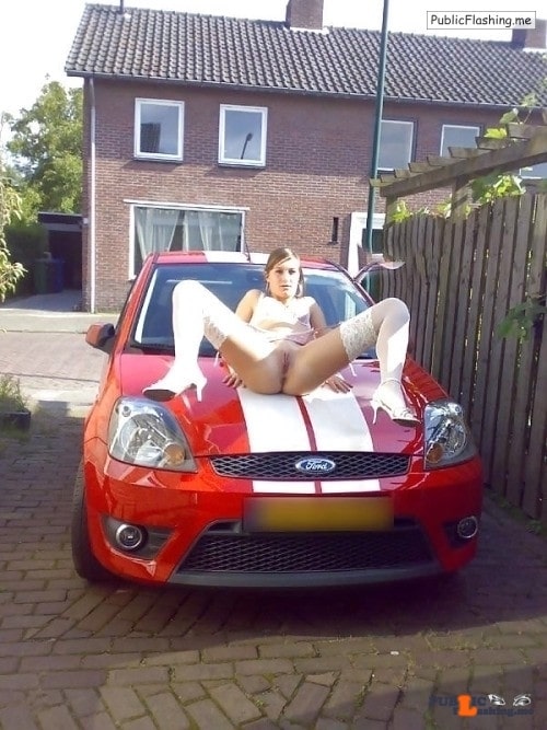 UK hot wife spread legs on Ford Fiesta bonnet Public Flashing