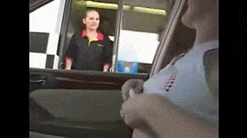 Boobs flashing and unexpected reaction at McDonalds drive in GIF Public Flashing