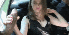 Amateur: Teen gf touching huge cock for the first time in public GIF Teenage girlfriend is touching huge dick of some stranger on the street while sitting in the car with her boyfriend. Super hard boner is staying in front of...