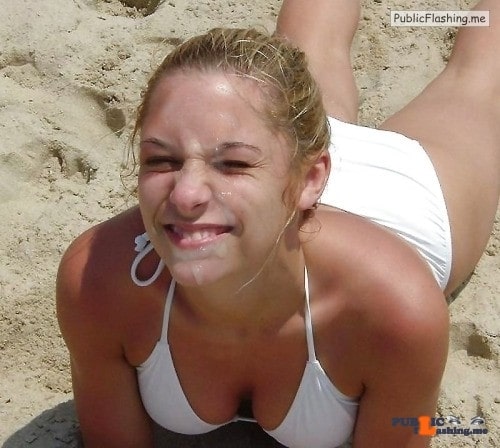 Amateur: GF in white bikini big smile under facial creampie on beach