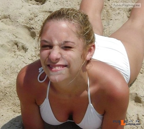 GF in white bikini big smile under facial creampie on beach Public Flashing