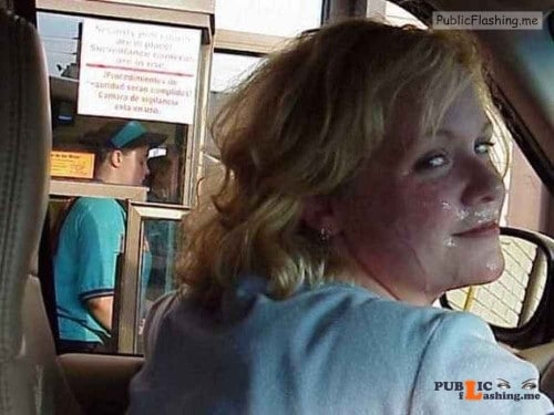 MILF with cum over face in drive in Public Flashing