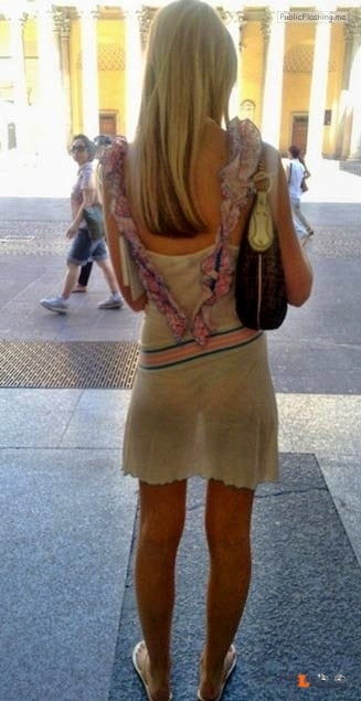 Pantiesless blonde in transparent dress Public Flashing