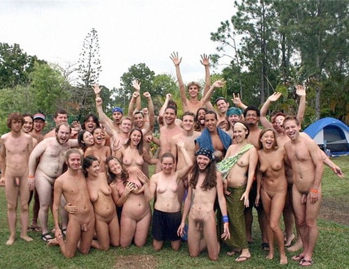 Amateur: group photo of happy exhibionists in camp