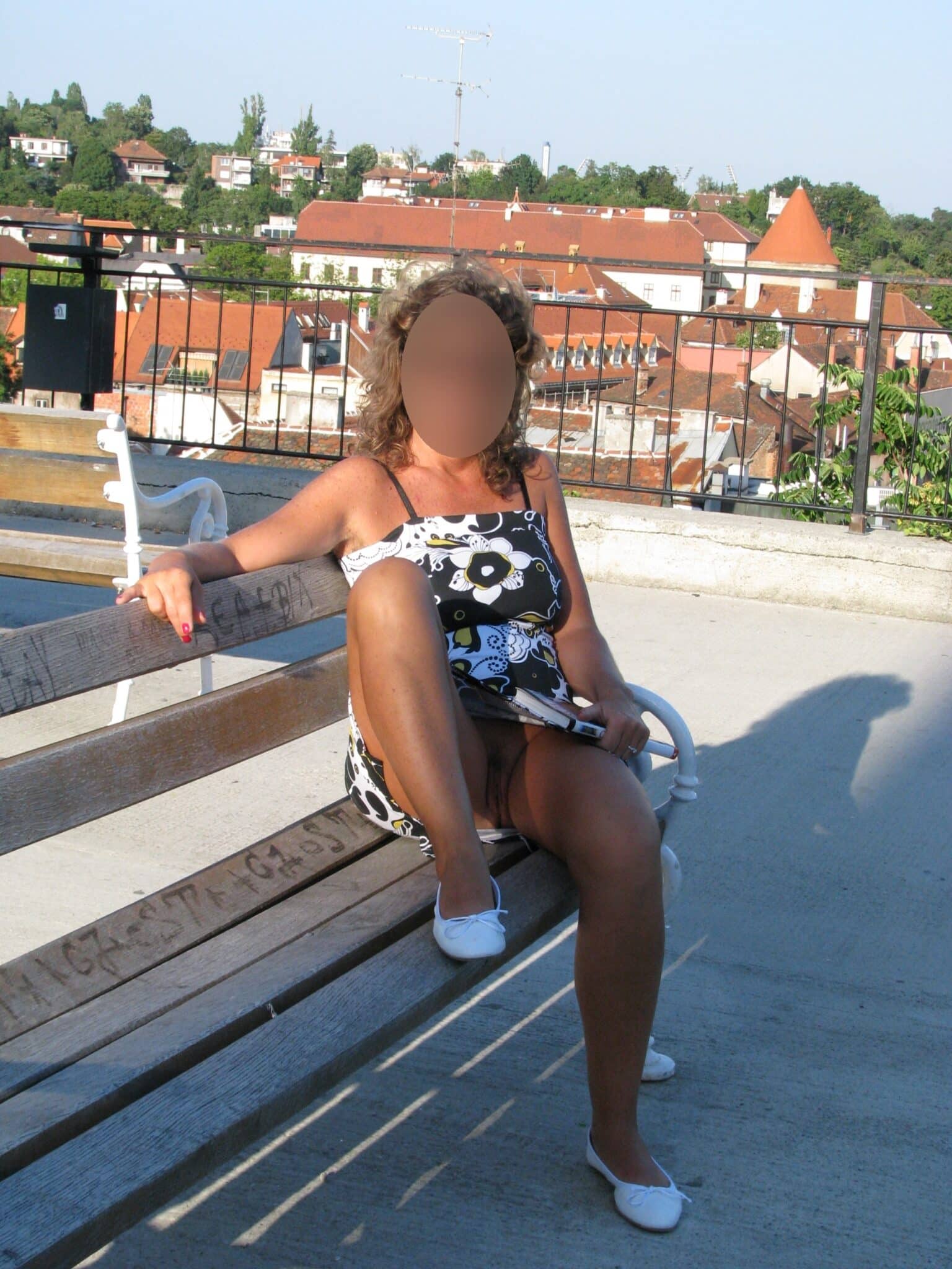 upskirt no panty bald pussy spread beaver - Afternoon Rooftop Upskirt Exposure Malene sits on a rooftop bench, legs spread, exposing her natural pubic hair and pussy in a black-and-white floral swimsuit. The city view provides a backdro... - No panties