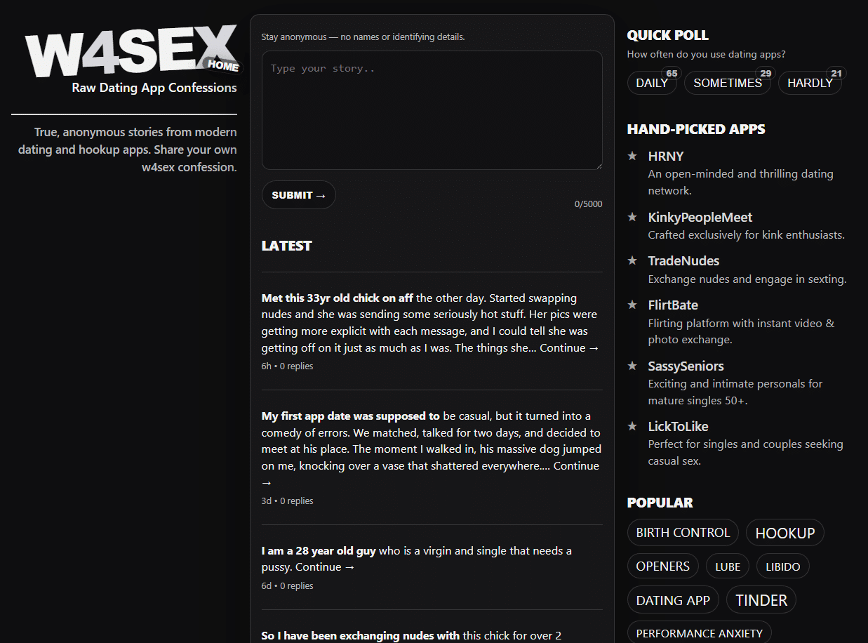 real lesbian anal - w4sex: Real Dating App Stories, Lust, Chaos and Hookups If you’ve ever had a dating-app moment that felt too ridiculous, too perfect, too frustrating, or too specific to explain to your friends, you already get why w4sex exists. Some nights... - Porn Blog