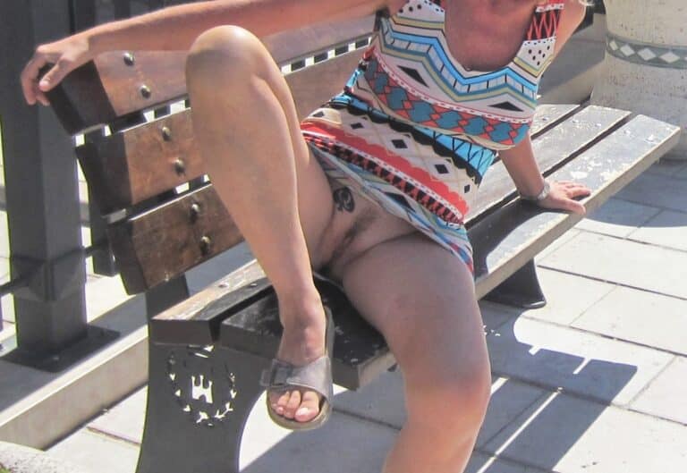 Afternoon Delight: Mature MILF Flashes Her Tatted Pussy on a Public Bench